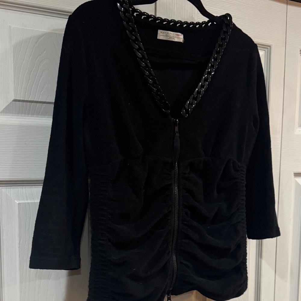Boston Proper Black zip front French terry jacket with Chain Accent - Picture 3 of 6
